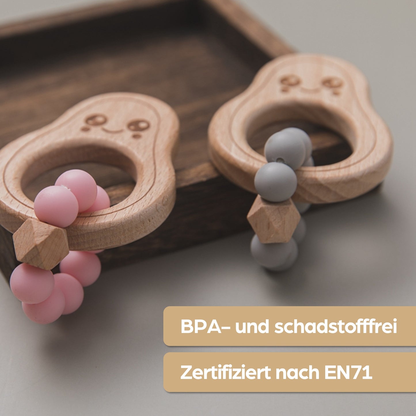 Avocado Beißring für Babys aus Natur Holz mit Silikon-Kette in Gelb
