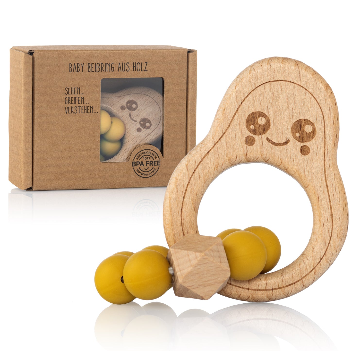 Avocado Beißring für Babys Beissring Greifring Geschenk Geburt Holzspielzeug Kauspielzeug