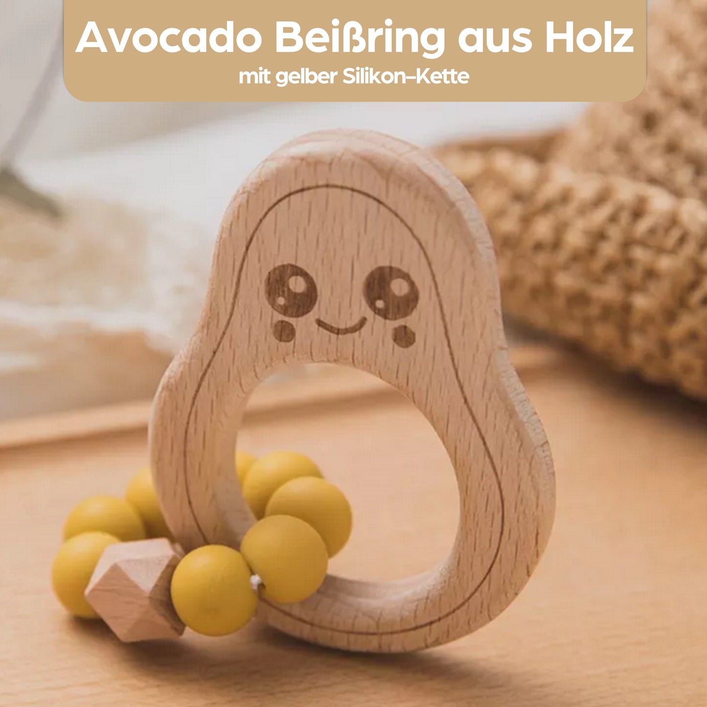 Avocado Beißring für Babys Beissring Greifring Geschenk Geburt Holzspielzeug Kauspielzeug