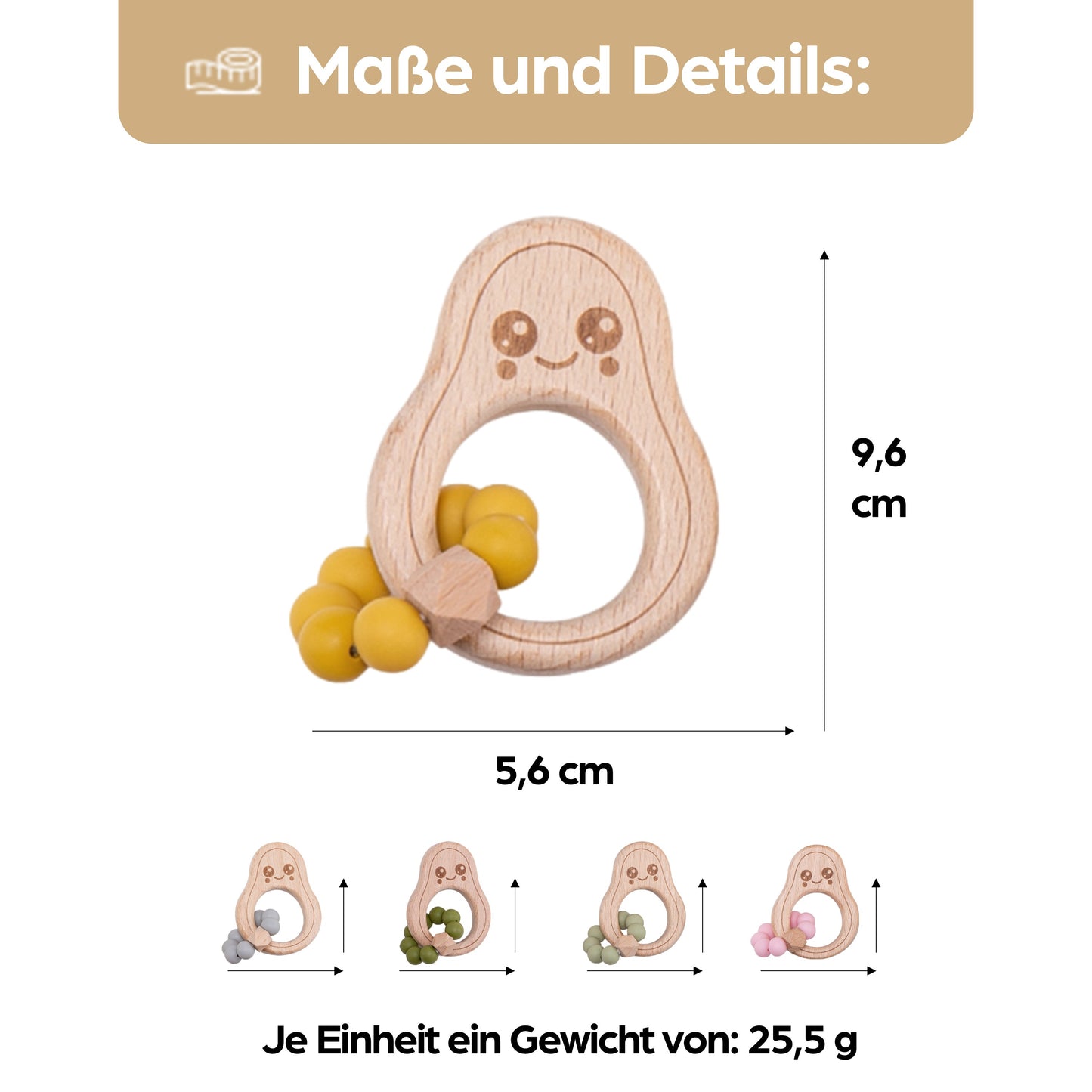 Avocado Beißring für Babys Beissring Greifring Geschenk Geburt Holzspielzeug Kauspielzeug