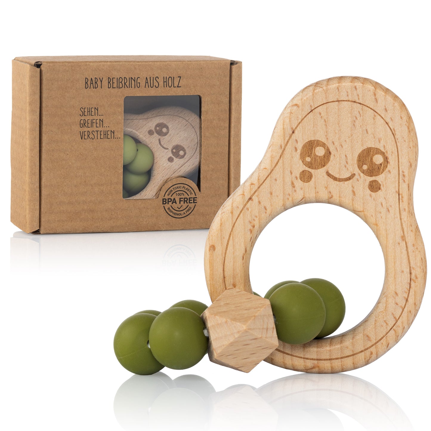 Avocado Beißring für Babys Beissring Greifring Geschenk Geburt Holzspielzeug Kauspielzeug