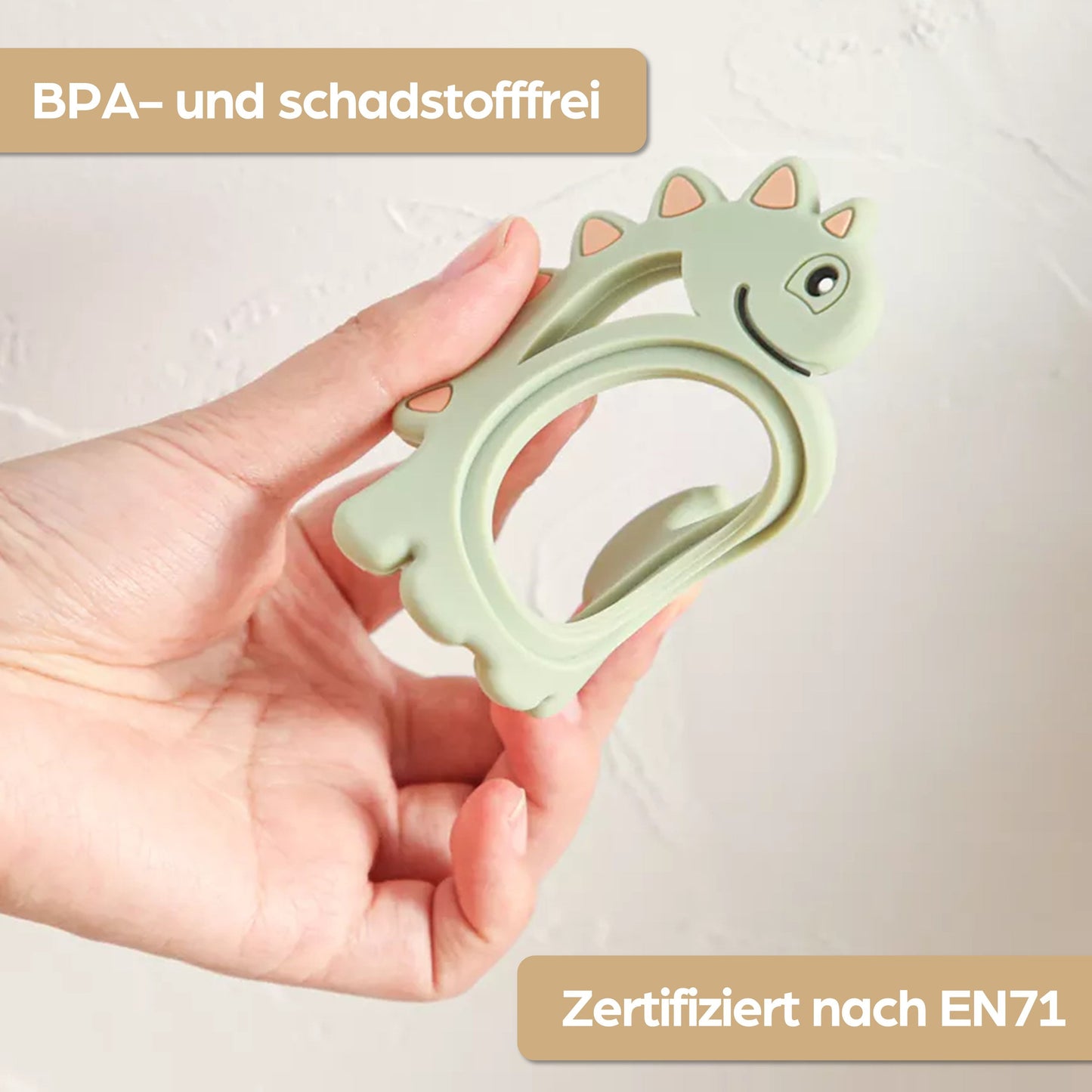 Dinosaurier Beißring für Babys aus Natur Holz und Silikonform in Grau