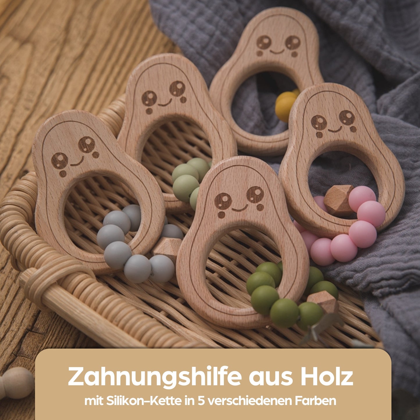 Avocado Beißring für Babys aus Natur Holz mit Silikon-Kette in Grün