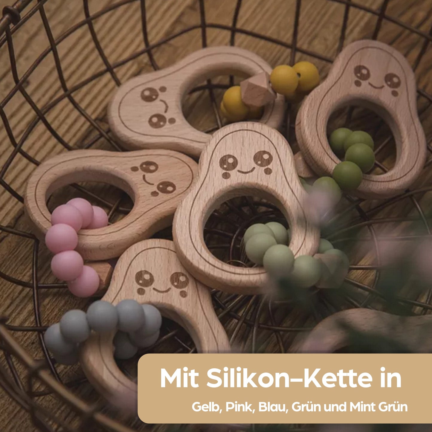Avocado Beißring für Babys aus Natur Holz mit Silikon-Kette in Pink