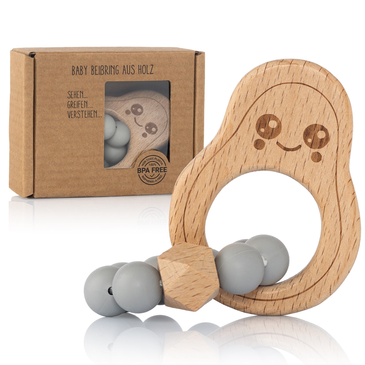 Avocado Beißring für Babys Beissring Greifring Geschenk Geburt Holzspielzeug Kauspielzeug