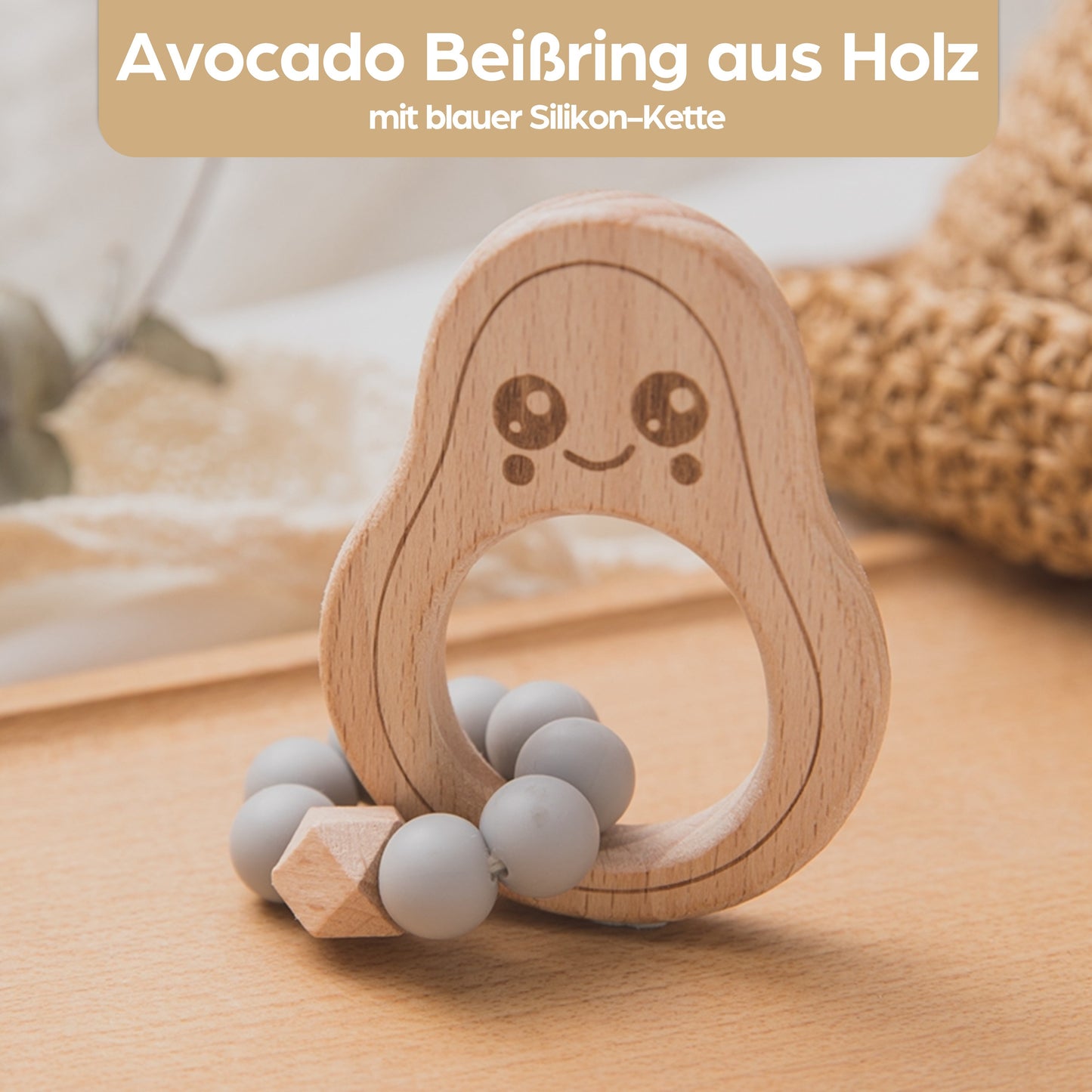 Avocado Beißring für Babys Beissring Greifring Geschenk Geburt Holzspielzeug Kauspielzeug