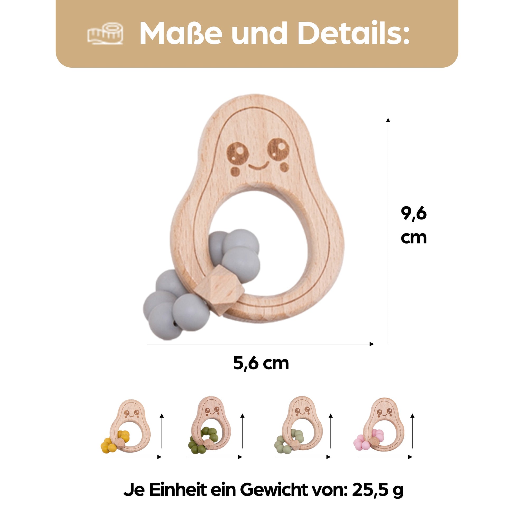 Avocado Beißring für Babys Beissring Greifring Geschenk Geburt Holzspielzeug Kauspielzeug