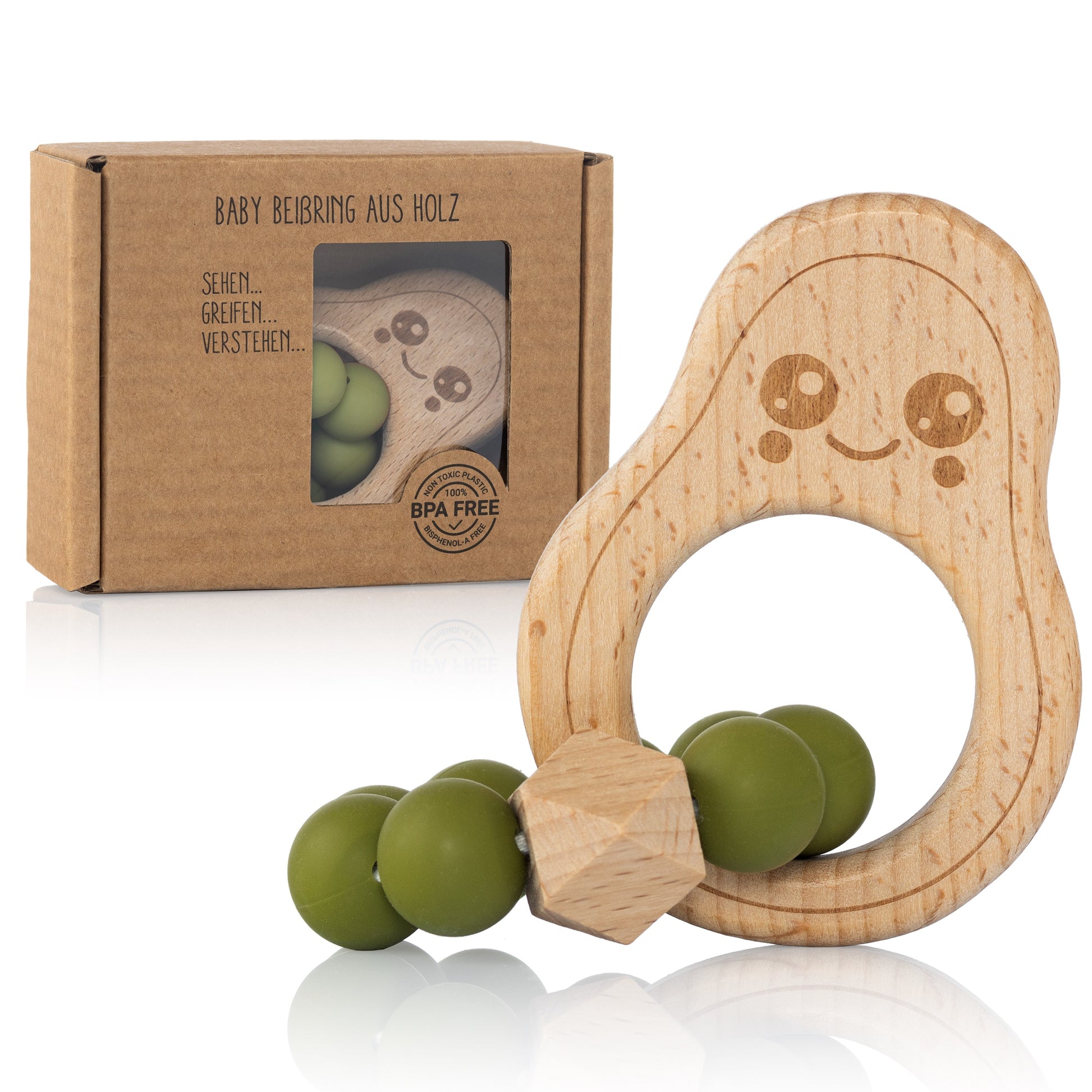 Avocado Beißring für Babys Beissring Greifring Geschenk Geburt Holzspielzeug Kauspielzeug