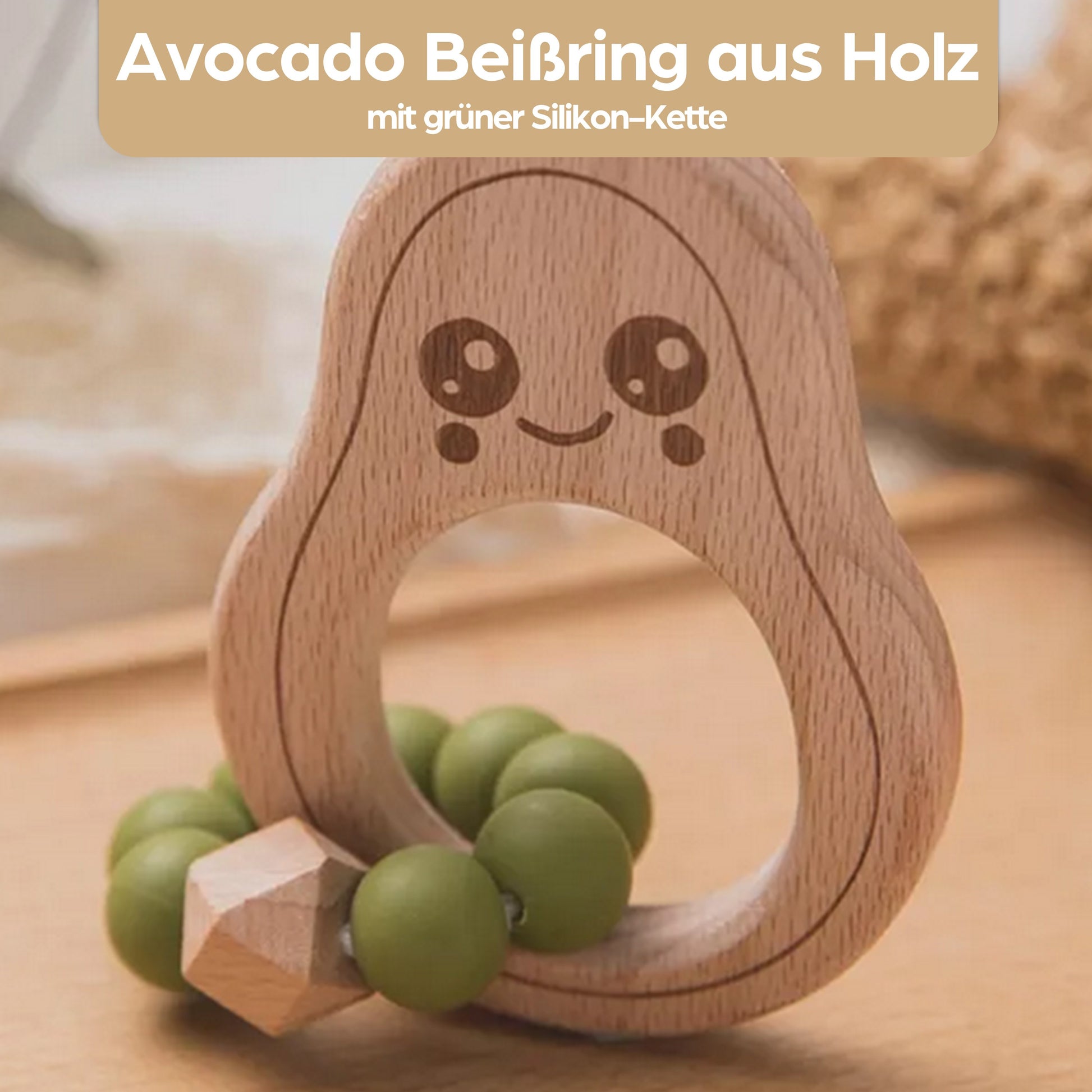 Avocado Beißring für Babys Beissring Greifring Geschenk Geburt Holzspielzeug Kauspielzeug