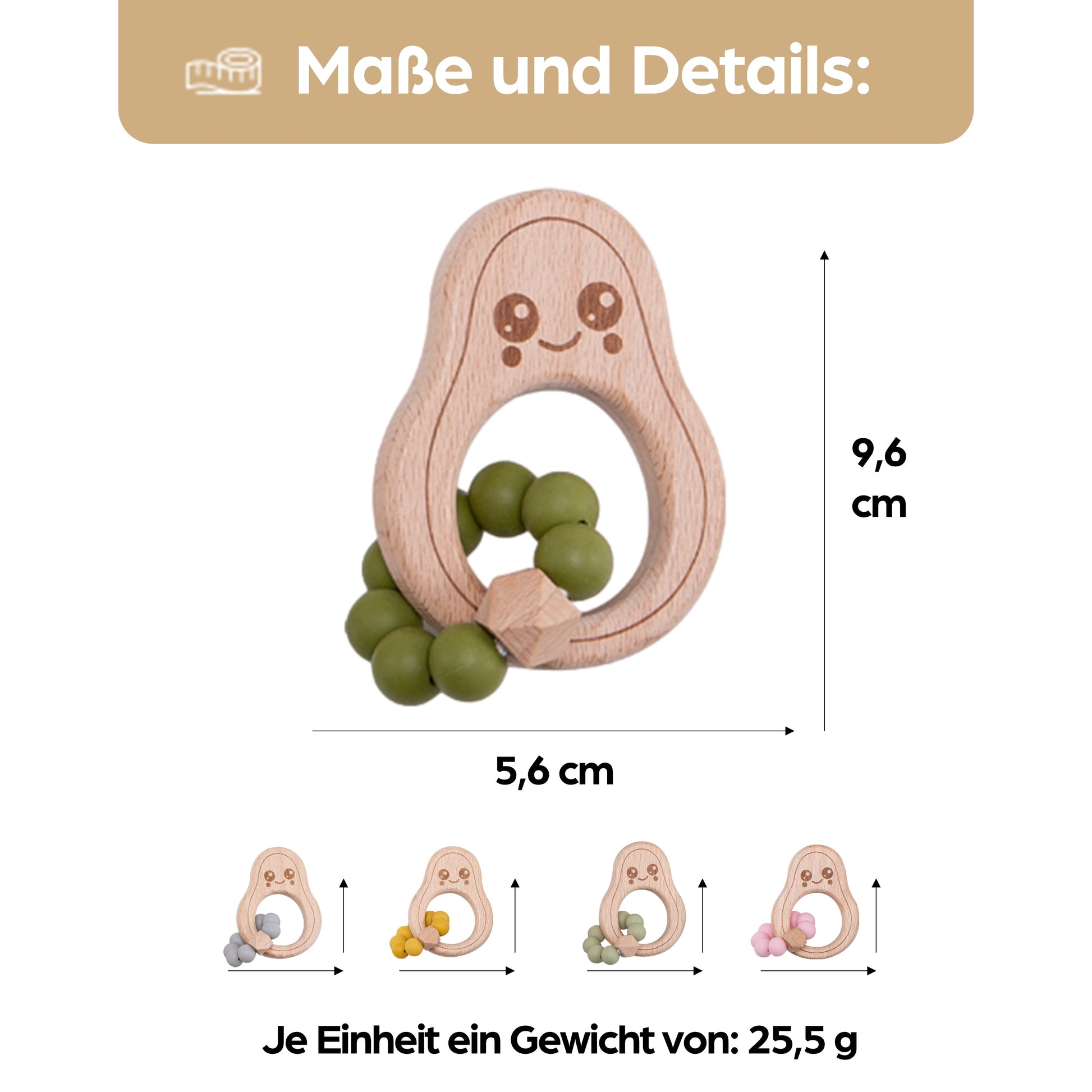 Avocado Beißring für Babys Beissring Greifring Geschenk Geburt Holzspielzeug Kauspielzeug