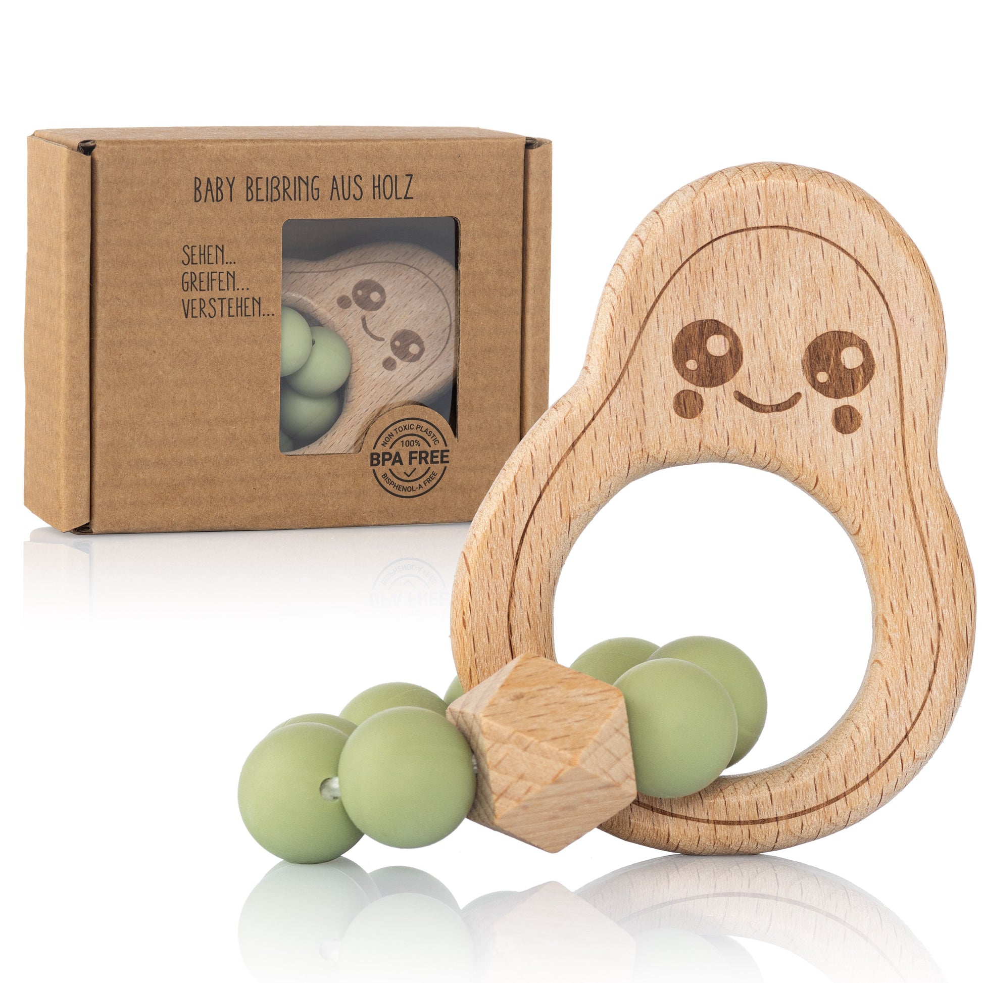 Avocado Beißring für Babys aus Natur Holz mit Silikon-Kette in Mint-Gr –  Avocado Spielzeug