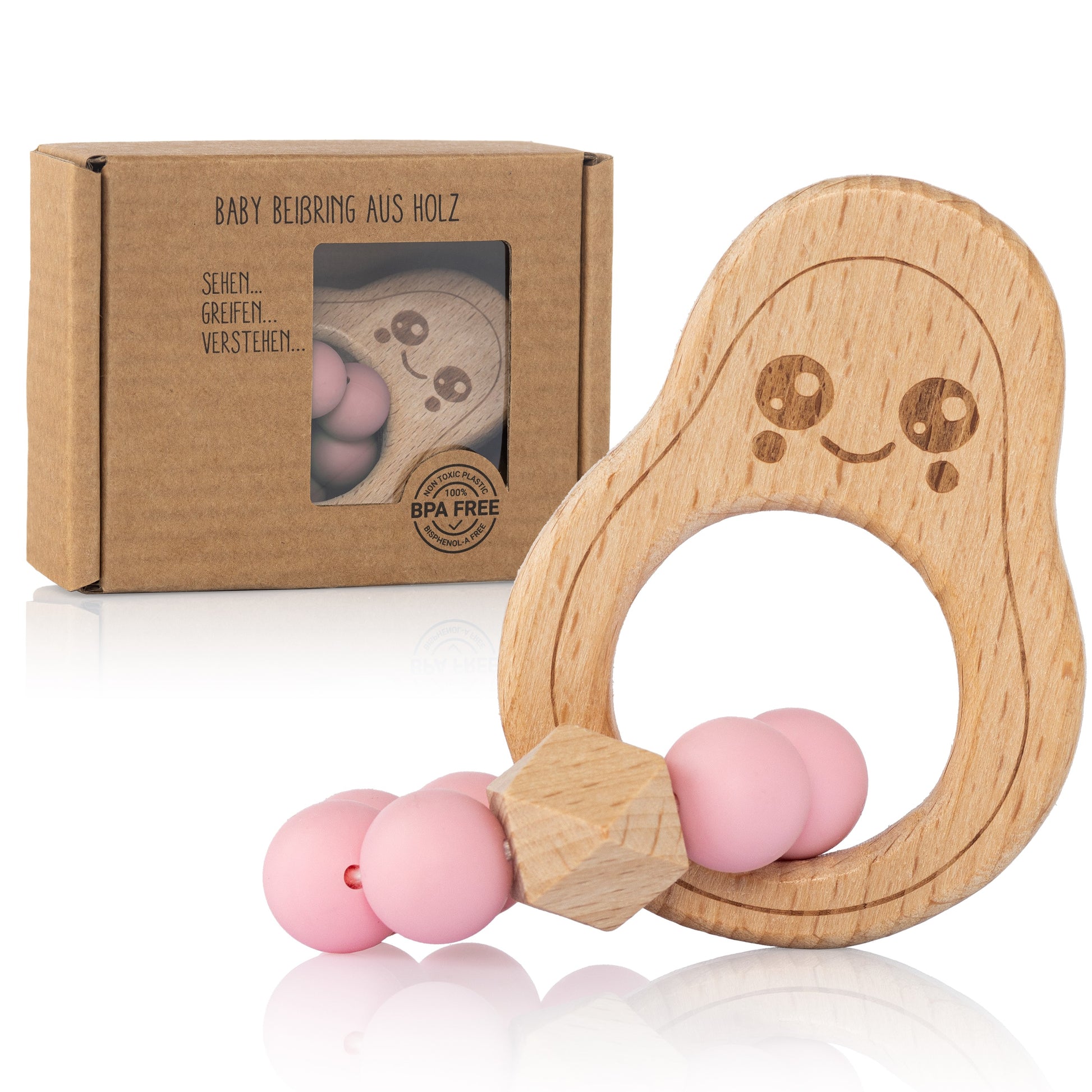 Avocado Beißring für Babys Beissring Greifring Geschenk Geburt Holzspielzeug Kauspielzeug