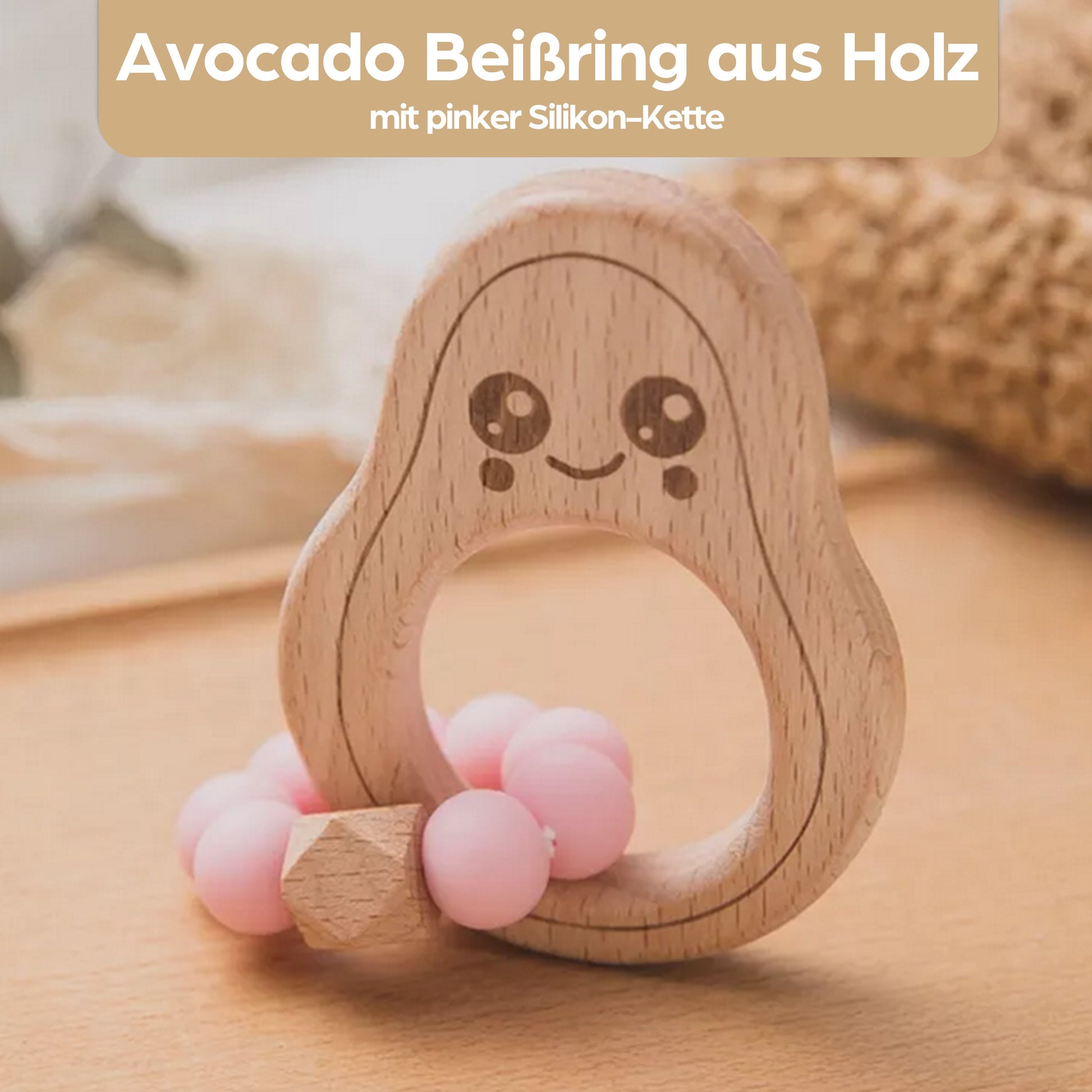Avocado Beißring für Babys Beissring Greifring Geschenk Geburt Holzspielzeug Kauspielzeug