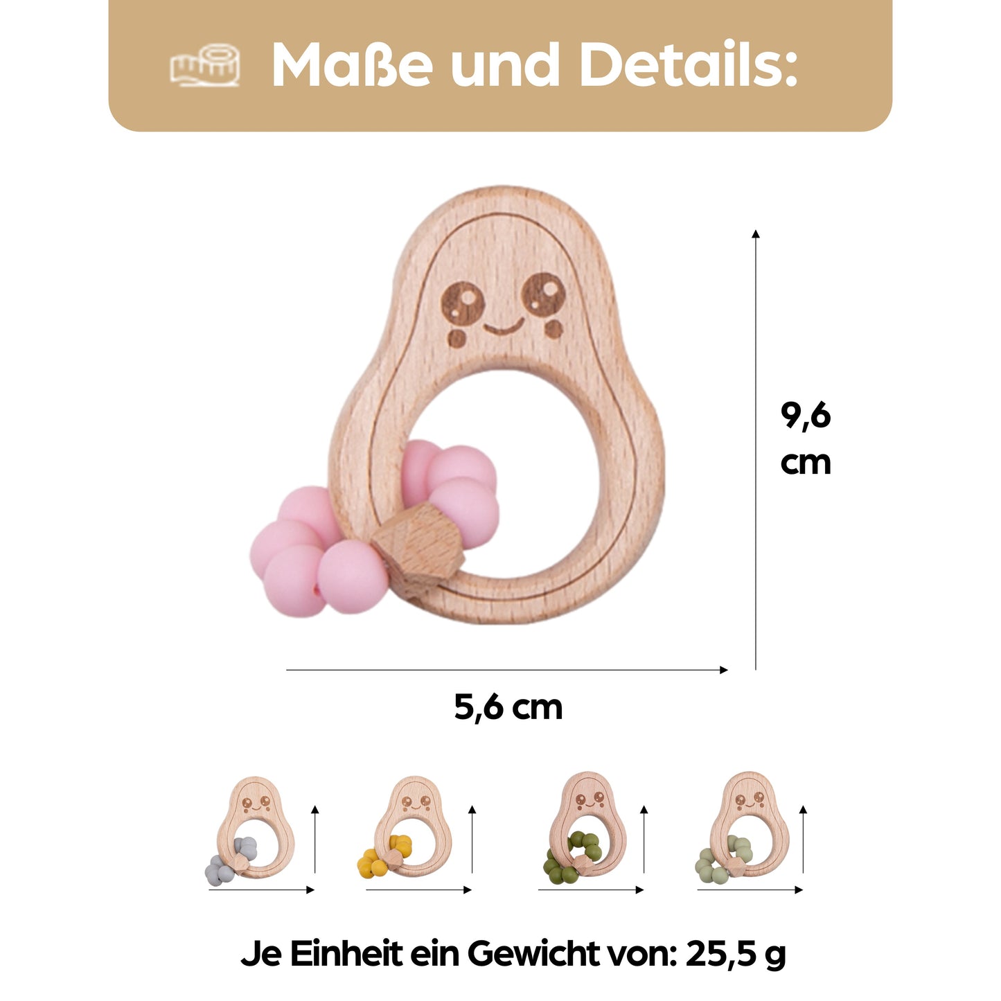 Avocado Beißring für Babys Beissring Greifring Geschenk Geburt Holzspielzeug Kauspielzeug
