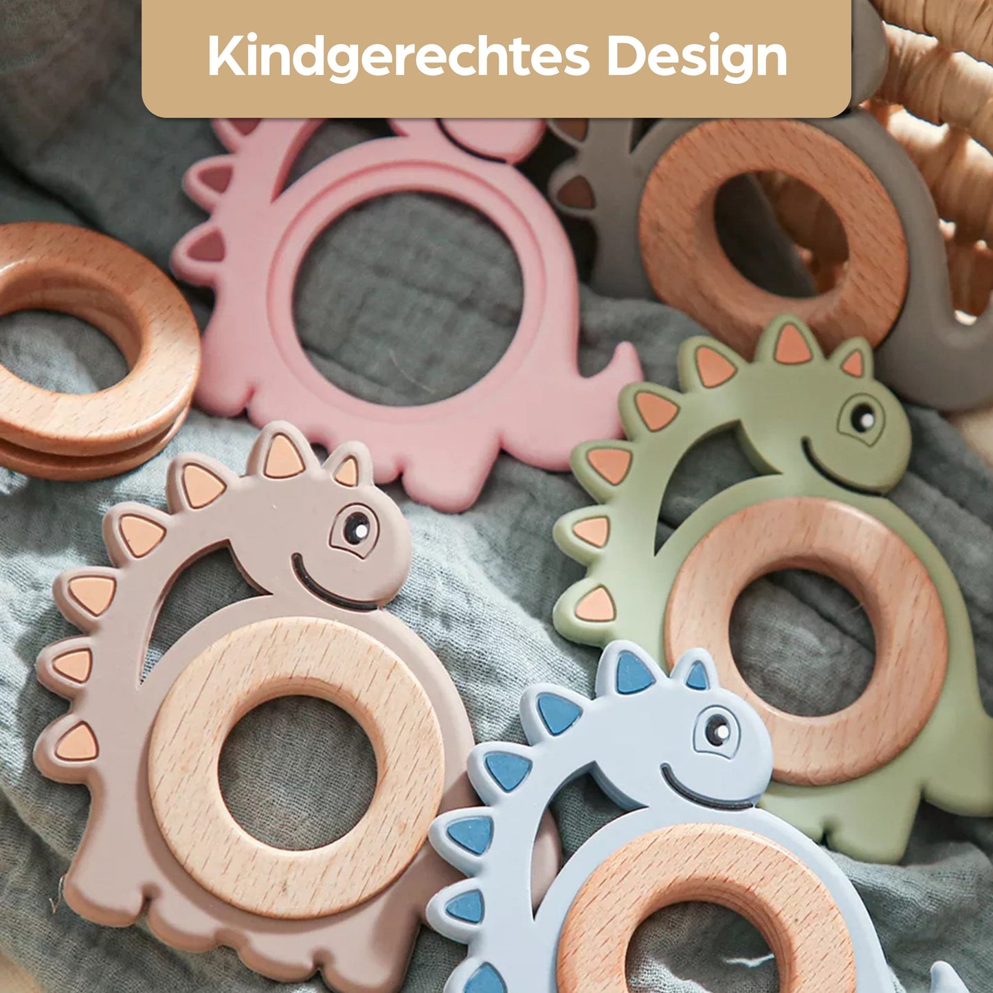 Dinosaurier Beißring für Babys aus Natur Holz und Silikonform in Pink