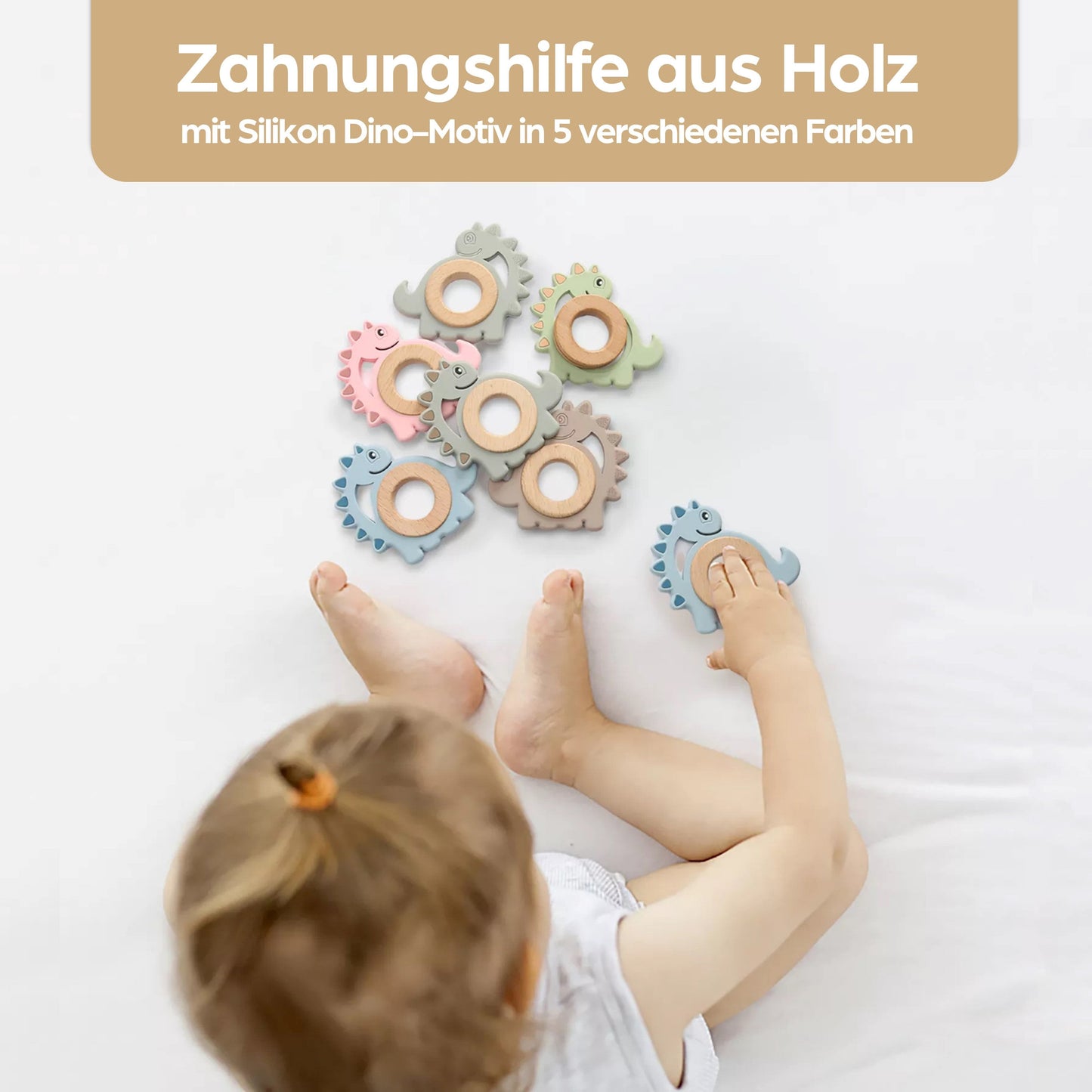 Dinosaurier Beißring für Babys aus Natur Holz und Silikonform in Blau