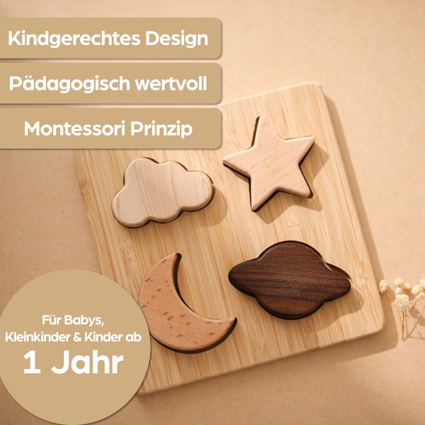 Montessori Holzpuzzle für Baby & Kinder ab 1 Jahr aus Natur-Holz mit Weltraum-Motiven