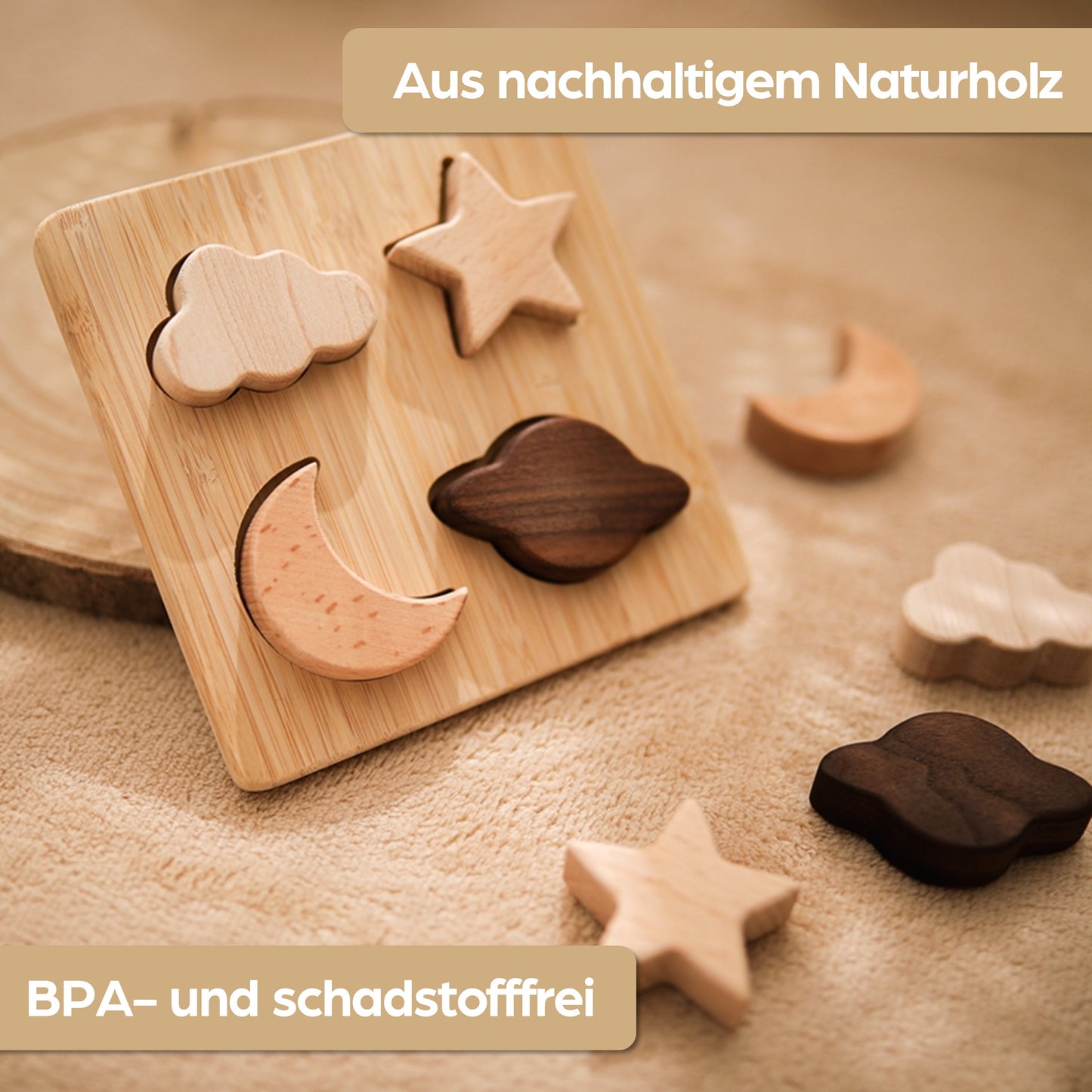 Montessori Holzpuzzle für Baby & Kinder ab 1 Jahr aus Natur-Holz mit Weltraum-Motiven